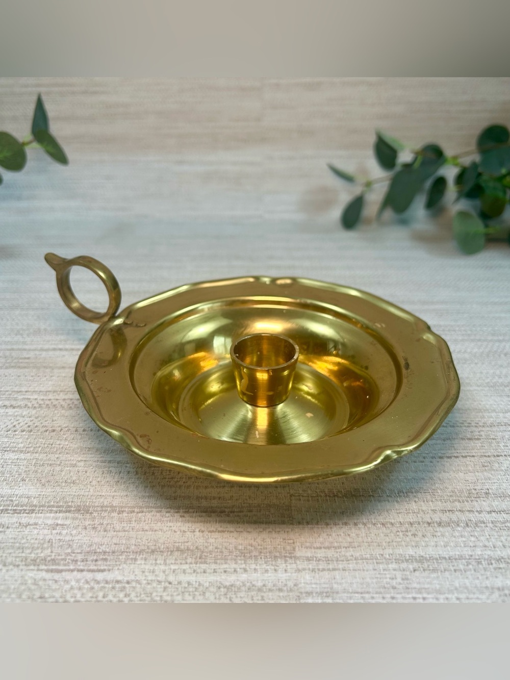 Vintage Brass Chamberstick Candle Holder Finger Loop Scalloped Dish